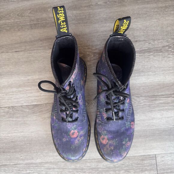 Dr. Martens Castels Airwaves Blue Denim Chambray Canvas Flower Combat Boots Wm 7 - Picture 9 of 16